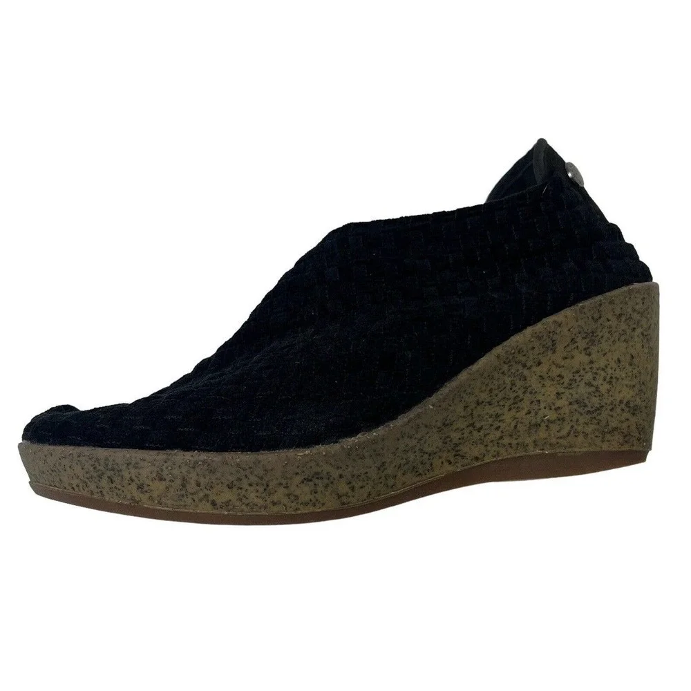 Bernie Mev Black Woven Chenille Slip On Wedge Shoes Booties Size 41 US 10